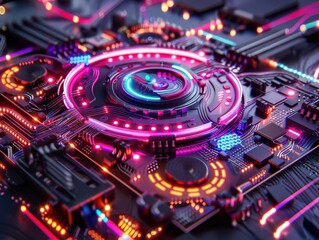 Fototapeta premium Technological innovation with futuristic gadgets, high-tech, neon lights, digital art, detailed
