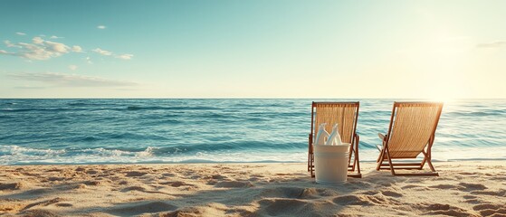 Ecofriendly cleaning products in a bucket, with two beach chairs set on a sandy shore, facing a calm sea and clear sky, representing peaceful seaside relaxation