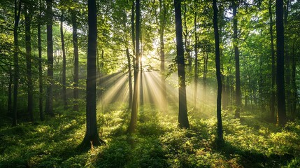 Obraz premium Beautiful green forest with tall trees and sunlight filtering through