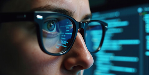 Data specialist or data analyst observes and analyzes lines of code on the screen. Hacker attacks, error correction and digital process analysis