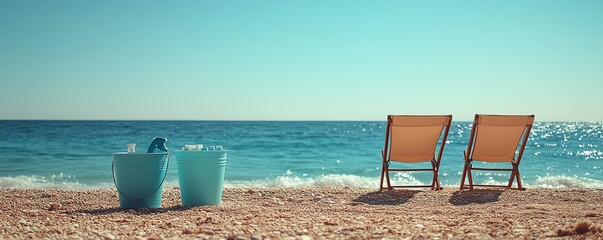 Obraz premium Highquality image of ecofriendly cleaning products in a bucket beside two chairs on a sandy beach