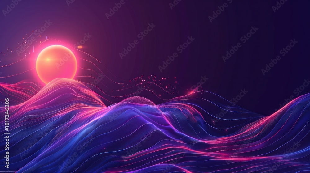 Poster abstract landscape with colorful waves and glowing sun, vibrant and futuristic scene with fluid moti