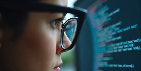 Data specialist or data analyst observes and analyzes lines of code on the screen. Hacker attacks, error correction and digital process analysis