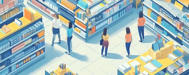 Illustration of shoppers in a stationery store, navigating through aisles filled with school supplies and office essentials, emphasizing a wellstocked and organized space