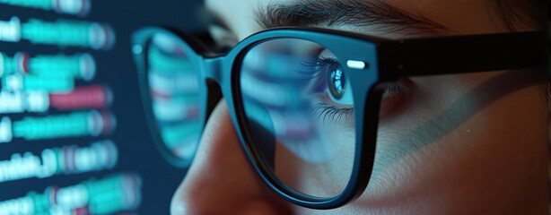 Data specialist or data analyst observes and analyzes lines of code on the screen. Hacker attacks, error correction and digital process analysis