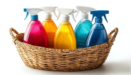 Cleaning products in a basket, including spray bottles and detergent, symbolizing cleanliness and organization, highresolution and detailed