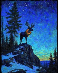 Majestic Moose with Glowing Wreath in Enchanting Forest Under Starry Night Sky - A Stunning Nature Artwork in Blue and Orange