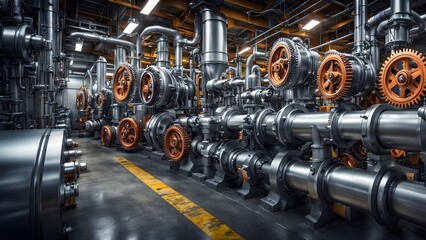 Fototapeta premium A large industrial plant with an array of pipes, valves, and gears, conveying a sense of complex machinery and production.