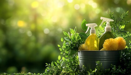 Detailed depiction of ecofriendly cleaning products in a bucket among greenery, emphasizing their biodegradable nature and sustainability, vivid and realistic