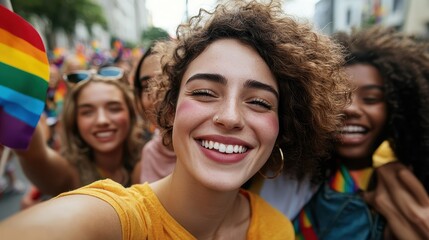 Fototapeta premium Cheerful selfie of a group of LGBTQIA people in a pride parade, looking at camera smiling holding rainbow flags. Concept of Supporting the Homosexual