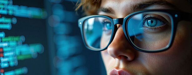 Data specialist or data analyst observes and analyzes lines of code on the screen. Hacker attacks, error correction and digital process analysis