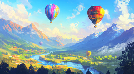 Fototapeta premium Hot Air Balloons Soaring Over Majestic Mountain Valley