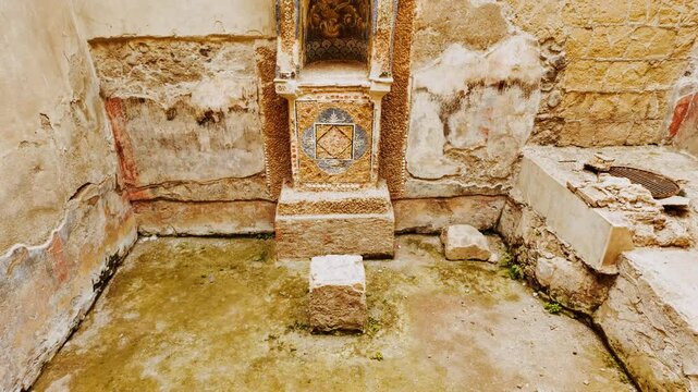 Small temple (aedicula) at the House of the Skeleton (Casa dello Scheletro), Herculaneum, Ercolano, Naples, Campania, Italy, buried by Vesuvius in 79 AD