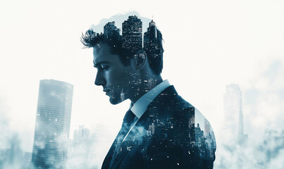Double exposure of a confident businessman standing, overlaid with a cityscape. The modern skyscraper skyline in the background emphasizes themes of success.