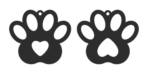 Dog paw with heart design for earrings, pendant or keychain. Jewelry laser and plotter cut template. Cnc cutting with metal, wood or leather. Vector silhouette