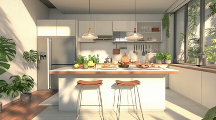 A bright, airy kitchen with an island featuring bar stools, perfect for casual dining.