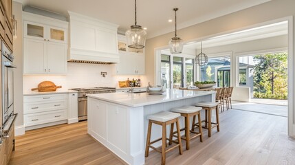 A bright, airy kitchen with an island featuring bar stools, perfect for casual dining.
