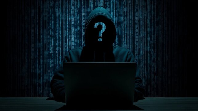 A mysterious hooded figure sits in front of a laptop, shrouded in digital darkness, representing anonymity and cyber security themes in a hacker stereotype setting.