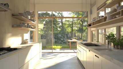 Obraz premium A bright and modern kitchen with open shelving, minimalist decor, and large windows.