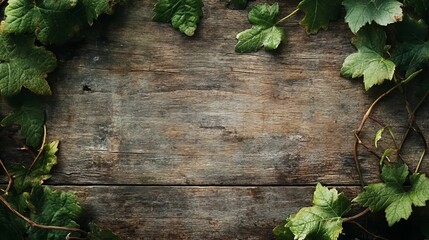 Vine leaves on wood for wine card, tasting or celebration
