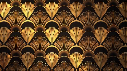 An intricate and luxurious gold Art Deco pattern with bold fan-like motifs, reflecting elegance, glamour, and the opulence of the roaring twenties style.