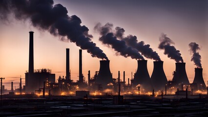Silhouette of a large industrial plant with smokestacks emitting pollution against an orange sky at sunrise.