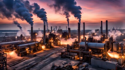 An industrial complex with numerous smokestacks emitting plumes of smoke into the air at sunset.