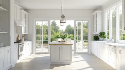 A bright kitchen with a large island, white cabinetry, and glass doors leading to a patio.