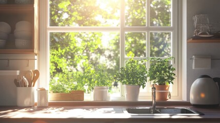 A bright kitchen with a window overlooking a backyard garden, letting in plenty of sunshine.