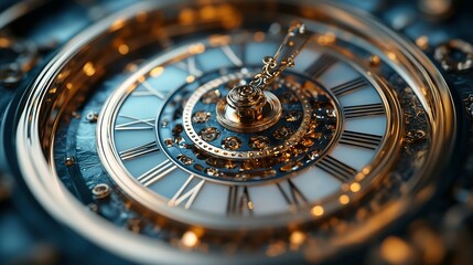 Close-up of a Gold Clock Face with Roman Numerals and Intricate Gearwork