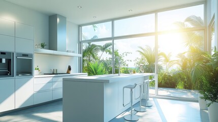 A bright kitchen with large windows, a central island, and modern appliances in a sleek design.
