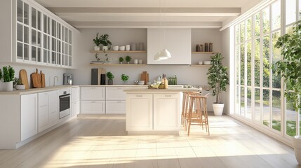 A bright kitchen with light hardwood flooring, white cabinetry, and an expansive island.