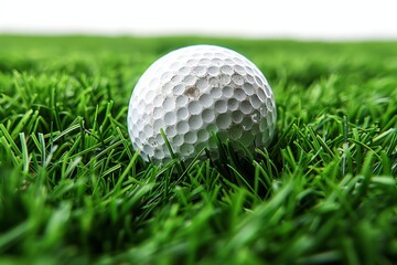 Fototapeta premium Isolated golf ball positioned on vibrant green grass against a crisp white background