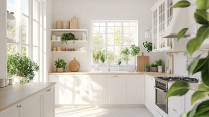Fototapeta premium A bright kitchen with white cabinetry, light countertops, and plants bringing fresh life to the space.