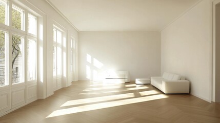 Fototapeta premium A bright, minimalist living room with a light ash parquet floor and modern furnishings.
