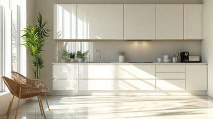 A chic kitchen with white cabinets, a glass backsplash, and sunlight reflecting off glossy surfaces.