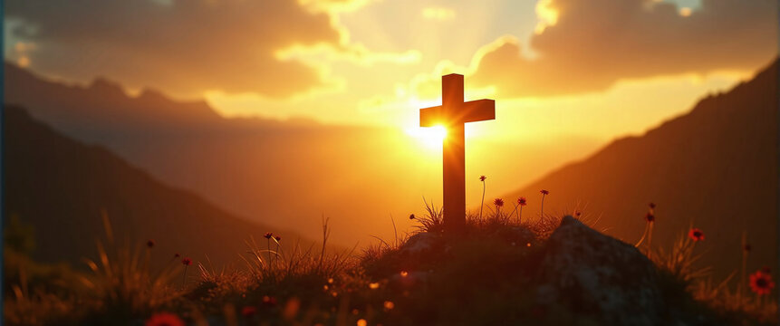 Silhouetted christian cross silhouette on the mountain at sunset