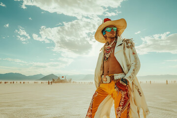 people of ai // partypeople in the desert, male model posing in avant garde fashion, suglasses, cowboy hat, long white coat, photorealistic