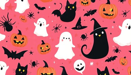 A vibrant pink Halloween pattern with playful ghosts, black cats, bats, spiders, witch hats, and jackolanterns for a fun and spooky look