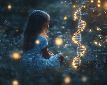 A child observes a radiant DNA helix in a natural meadow, surrounded by bioluminescent flowers, symbolizing the connection between gene editing technology and organic life