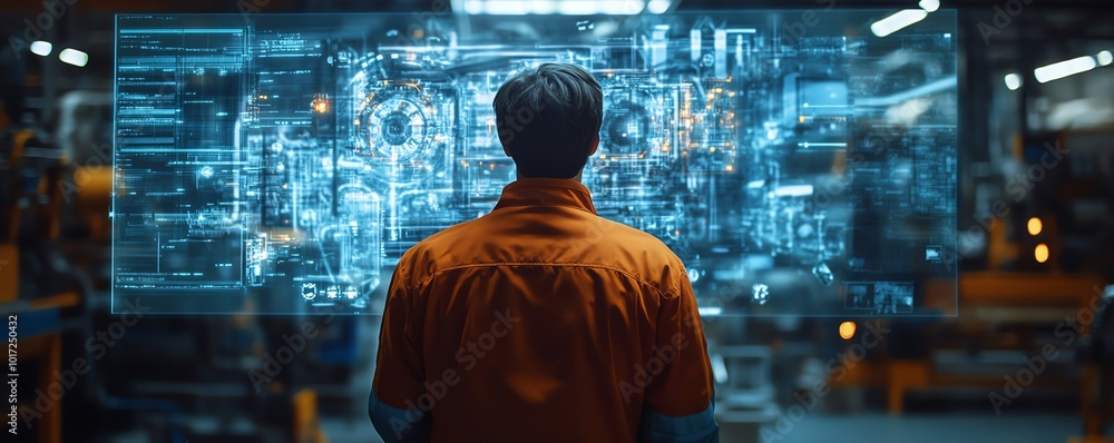 Poster A factory worker examines a holographic projection of machine internals, showcasing predictive maintenance technology for proactive issue detection