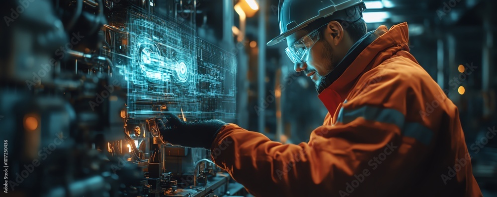 Poster A factory worker engages with a floating hologram of machine internals, demonstrating generative AI solutions for predictive maintenance