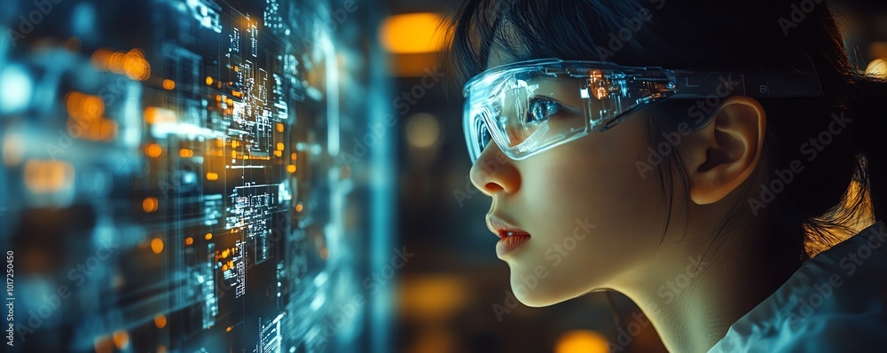 Poster A factory worker examines a holographic projection of machine internals, showcasing predictive maintenance technology for proactive issue detection