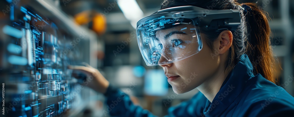 Poster A factory worker examines a holographic projection of machine internals, showcasing predictive maintenance technology for proactive issue detection
