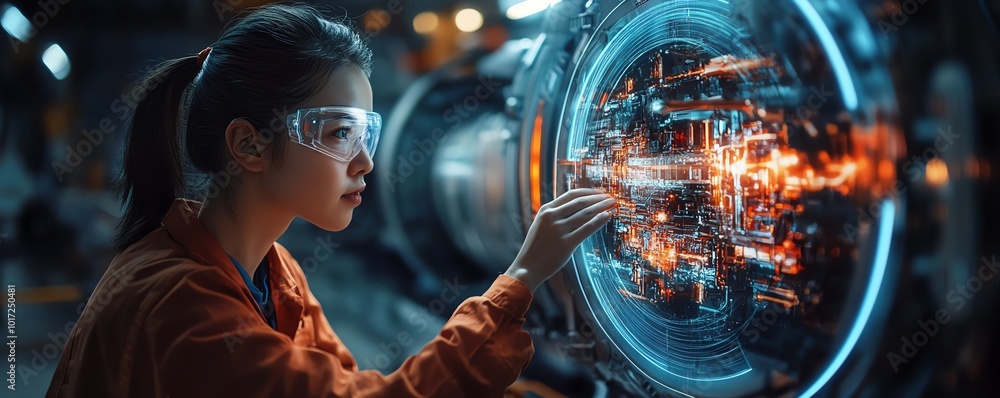 Leinwandbilder a factory worker interacts with a holographic projection of a machines inner workings, highlighting 