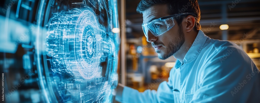 Aufkleber a factory worker interacts with a holographic projection of a machines inner workings, highlighting 