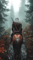 Naklejka premium Lone Swordsman on Horseback Riding Through Foggy Forest – Generative AI