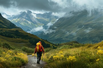 A person is walking on a muddy path in the mountains, generative ai image