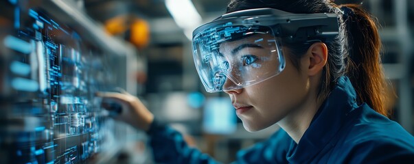 A factory worker examines a holographic projection of machine internals, showcasing predictive maintenance technology for proactive issue detection