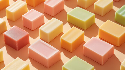 a digitally created high-quality photograph of smooth-edged, rectangular solid soaps arranged in a perfectly neat and orderly fashion on a soft light peach background